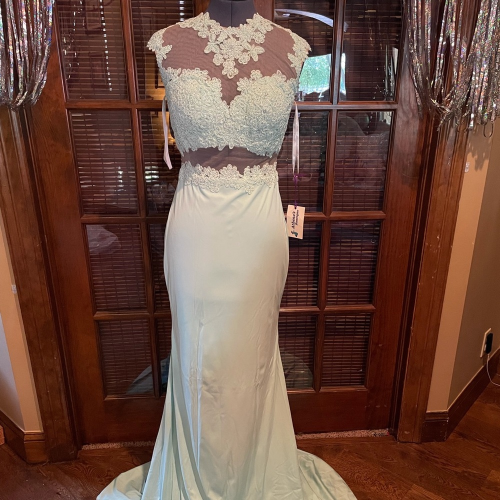 Jovani Mint Floral and Rhinestone Embellished Gown